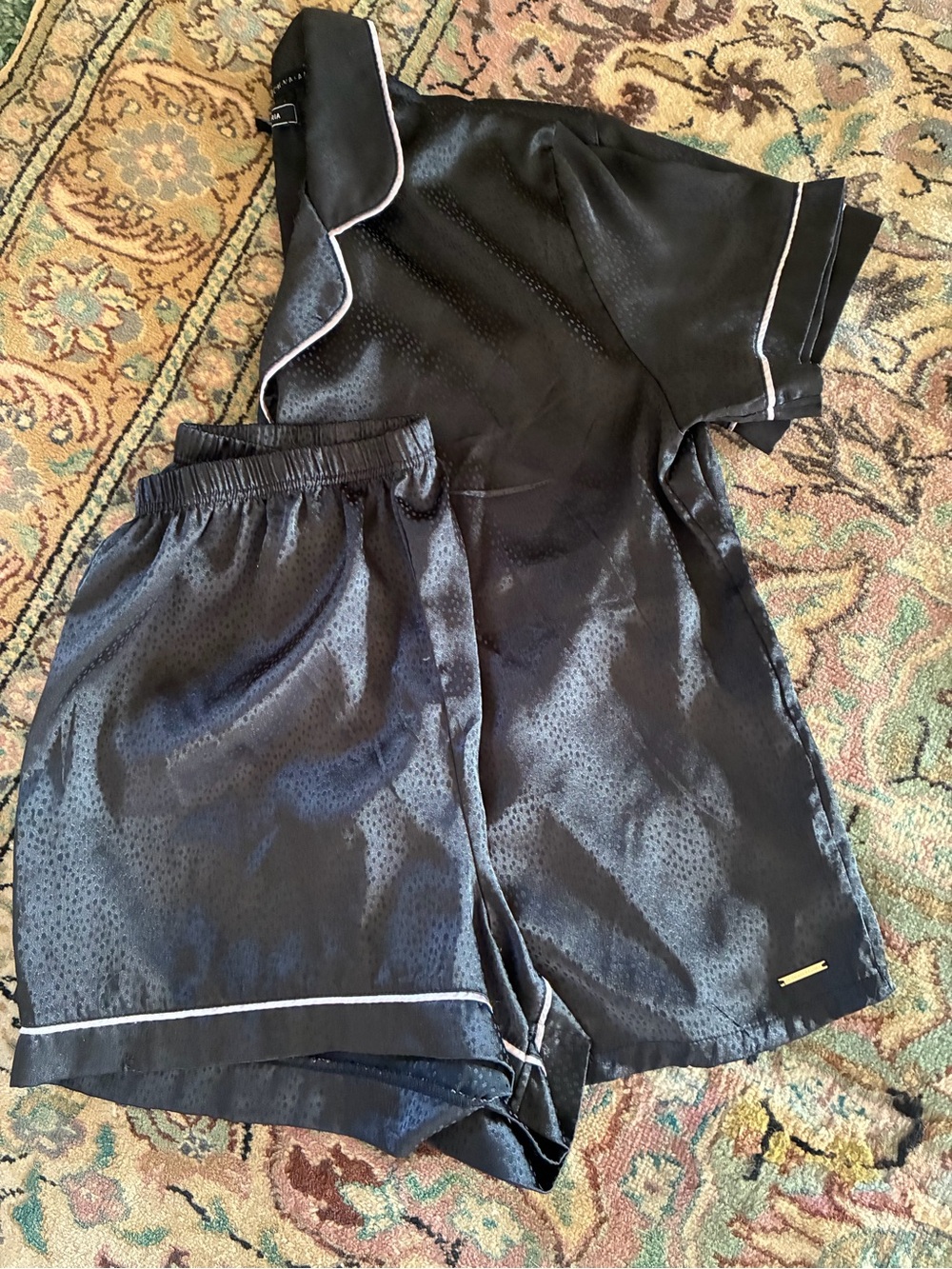 Women’s Black Satin Lounge Shorts - Elastic Waist with light pink piping